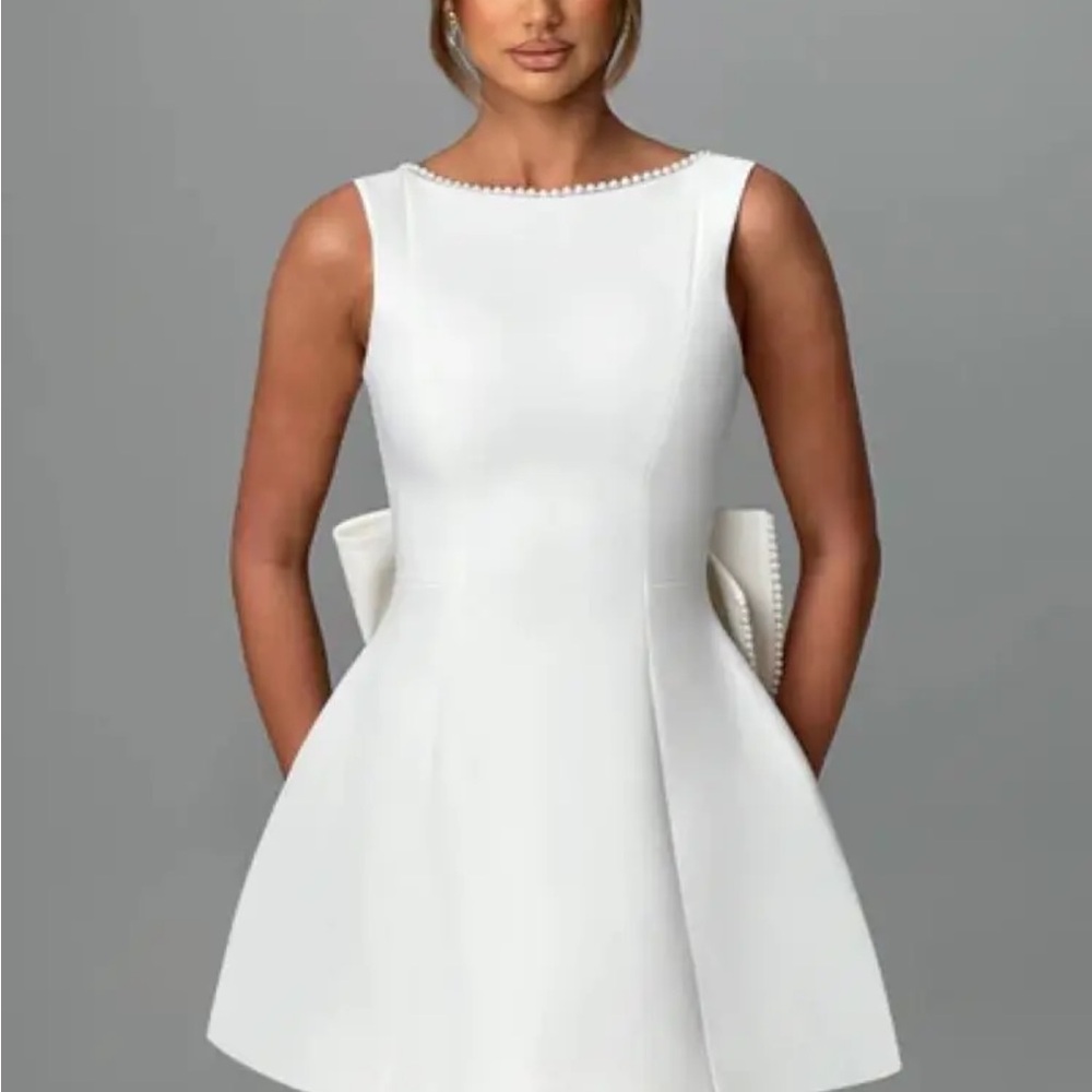 Elegant White Mini Dress with Pearl Trim